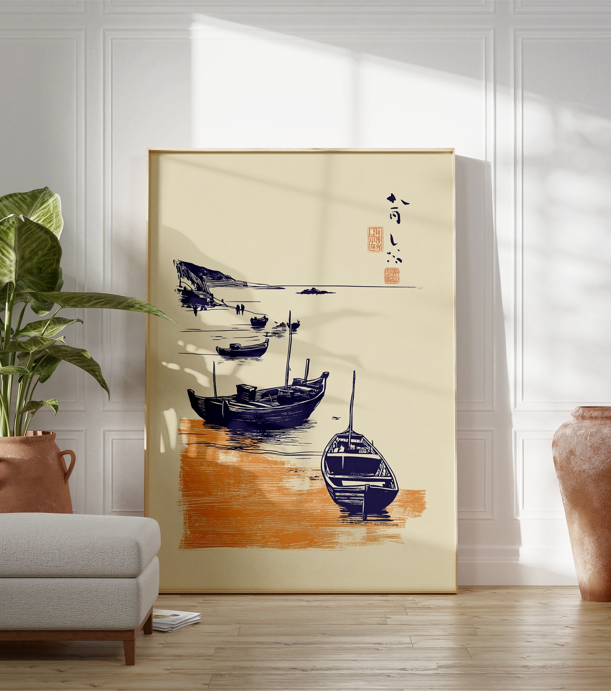 Japanese boat art print showing traditional fishing boats on an orange shore with dark blue cliffs and water, featuring calligraphy. - Image 3