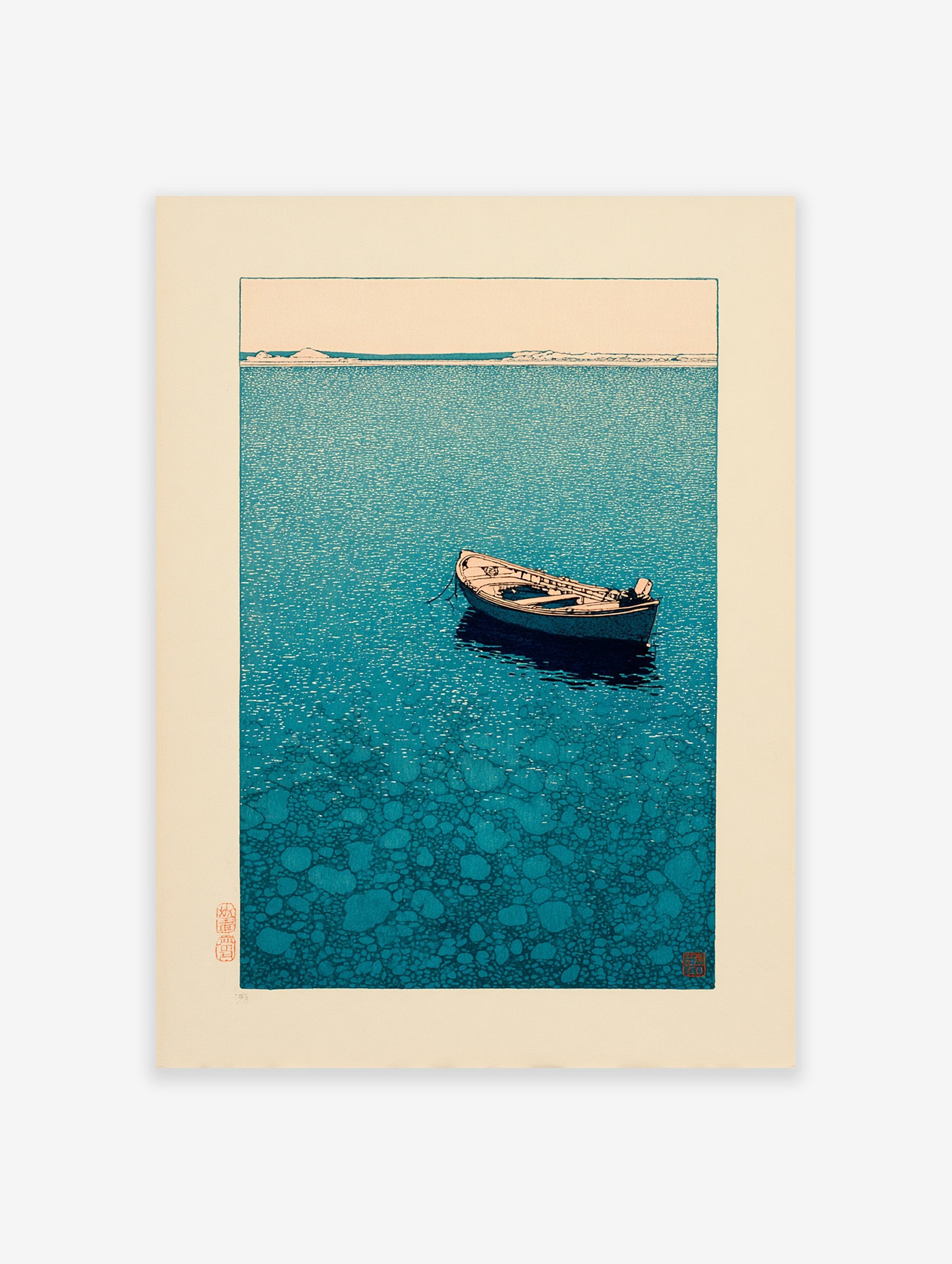 Japanese boat print showing a small wooden boat floating on calm blue water with a distant horizon and landmasses.