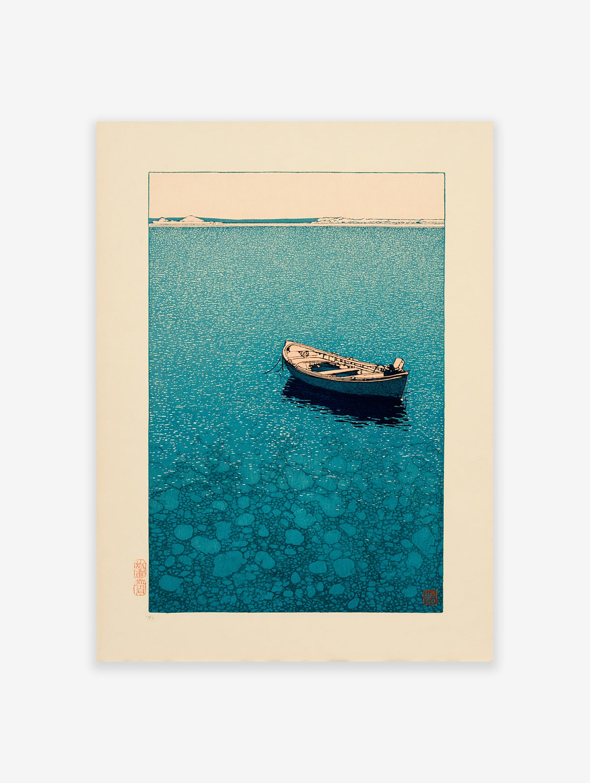 Japanese boat print showing a small wooden boat floating on calm blue water with a distant horizon and landmasses.