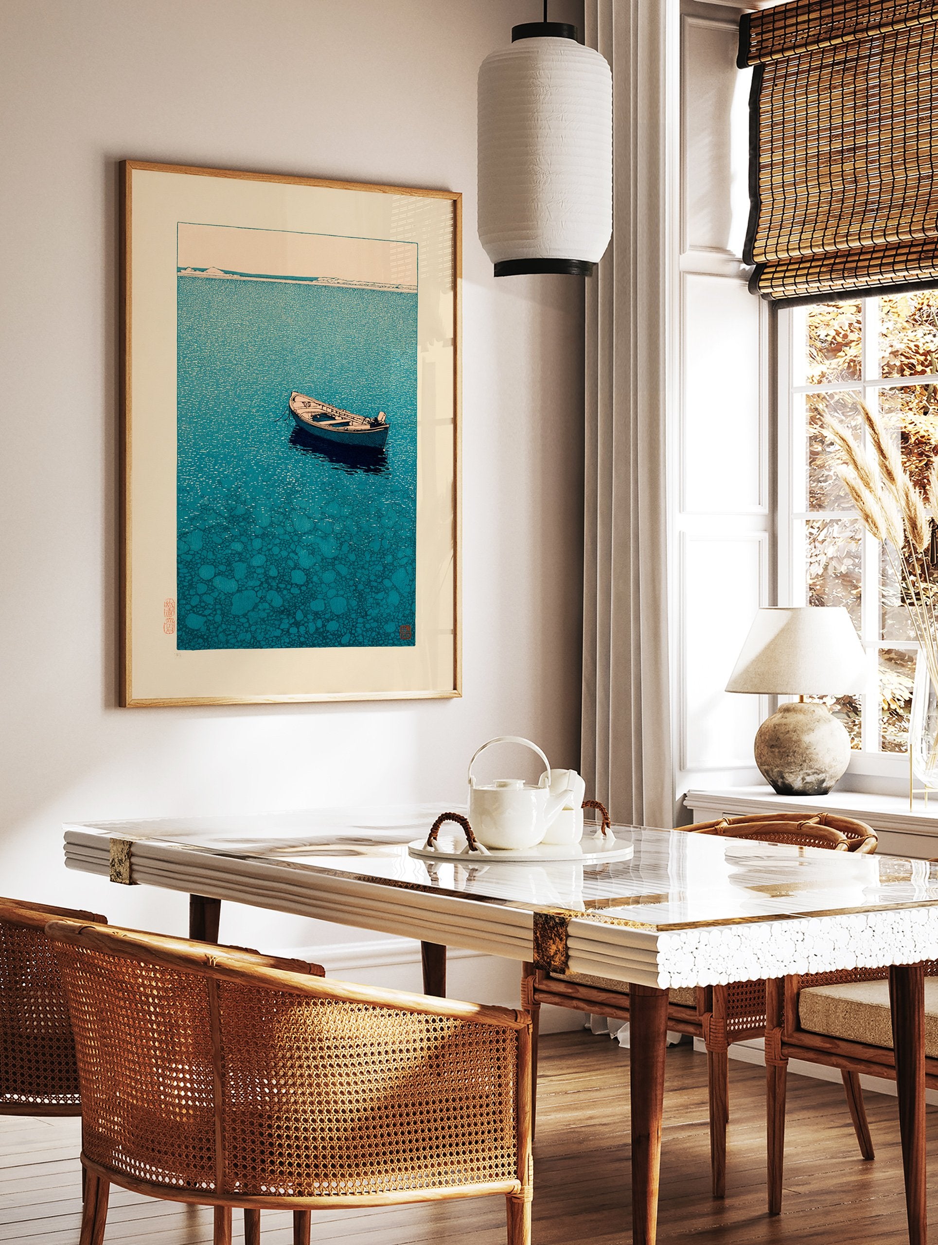 Japanese boat print showing a small wooden boat floating on calm blue water with a distant horizon and landmasses. - Image 2