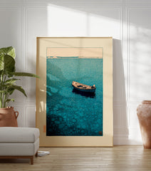 Japanese boat print showing a small wooden boat floating on calm blue water with a distant horizon and landmasses. - Image 3