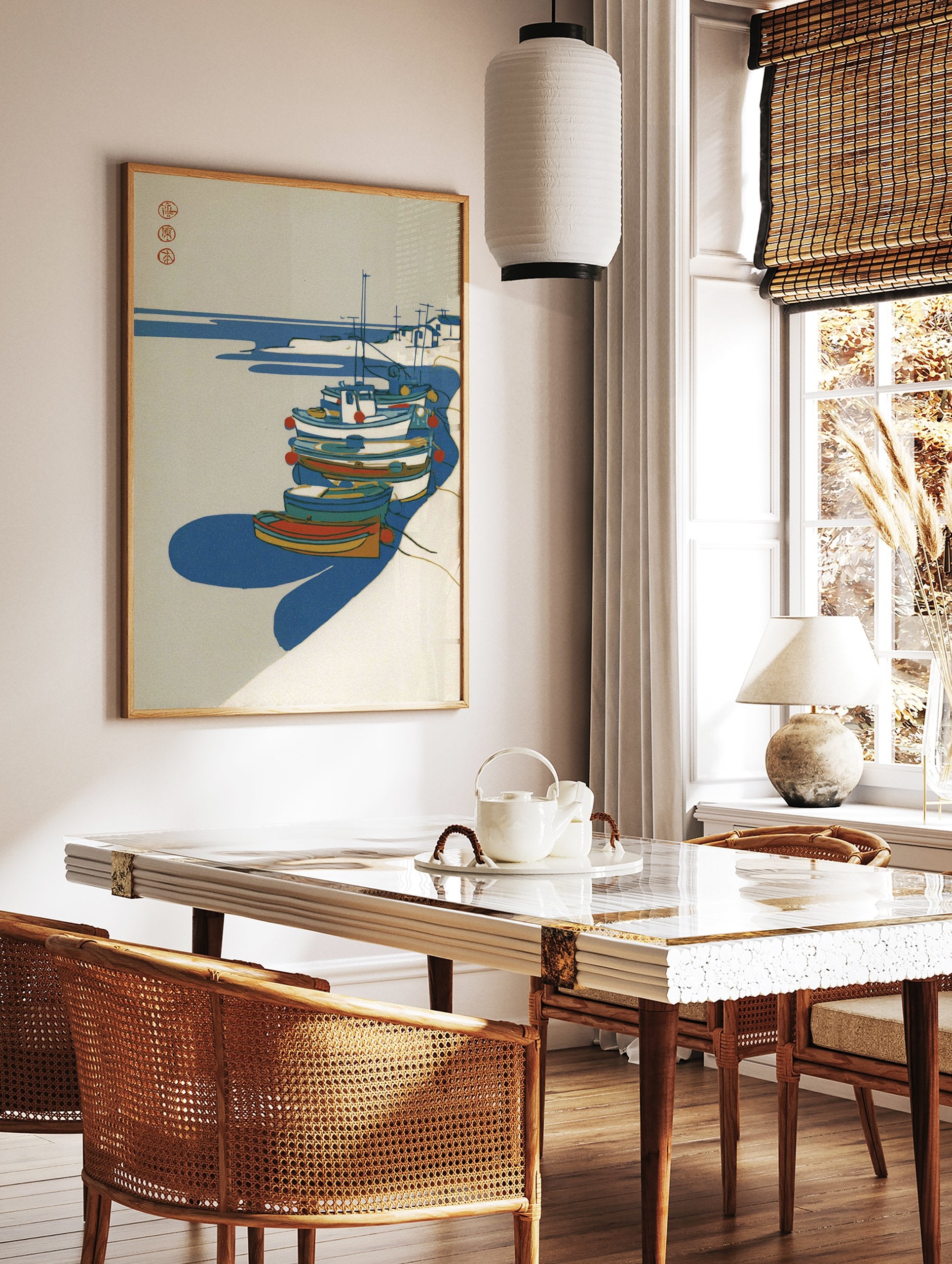 Japanese boat illustration wall art featuring colorful fishing boats docked in a serene coastal harbor scene. - Image 2