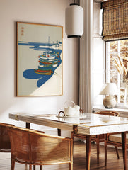 Japanese boat illustration wall art featuring colorful fishing boats docked in a serene coastal harbor scene. - Image 2