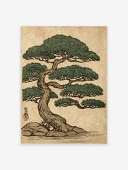 Japanese bonsai pine tree art print with green foliage, brown trunk, rocks, and water in an illustrative style