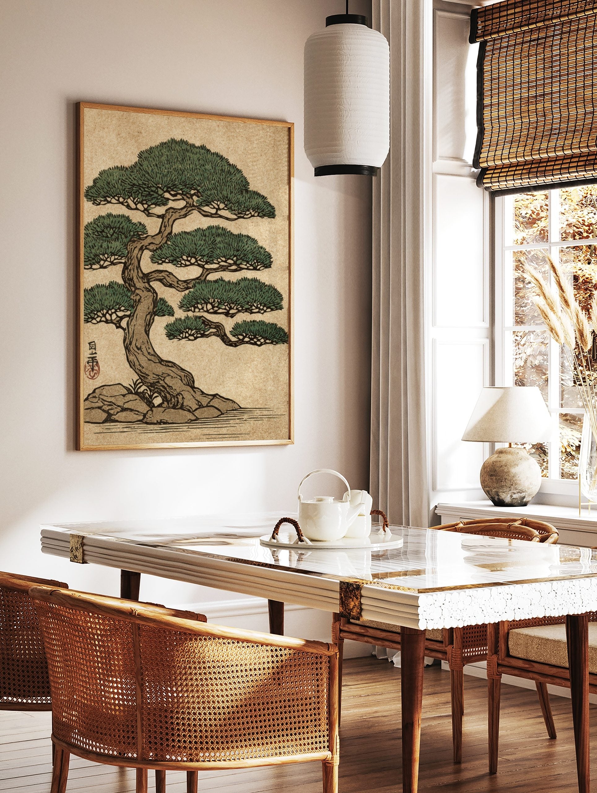 Japanese bonsai pine tree art print with green foliage, brown trunk, rocks, and water in an, in a styled room mockup