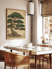Japanese bonsai pine tree art print with green foliage, brown trunk, rocks, and water in an, in a styled room mockup