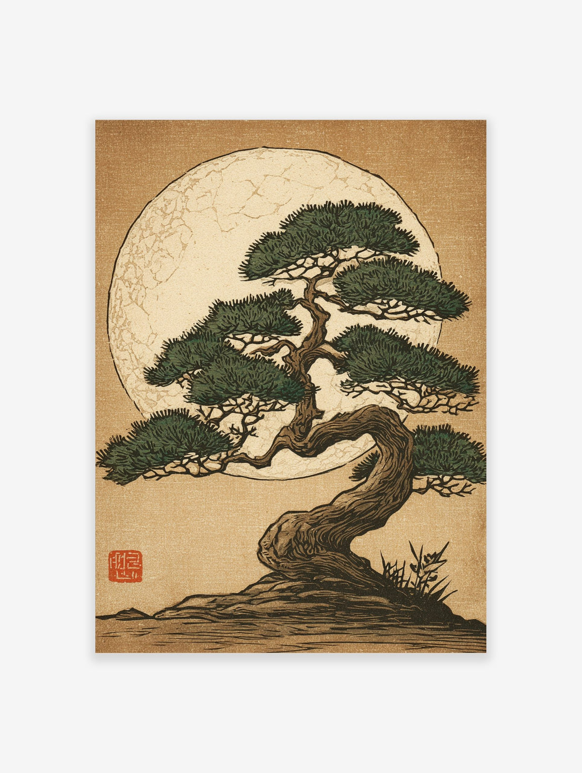 Stylised Japanese bonsai pine tree with green foliage and twisted brown trunk against a large textured full moon