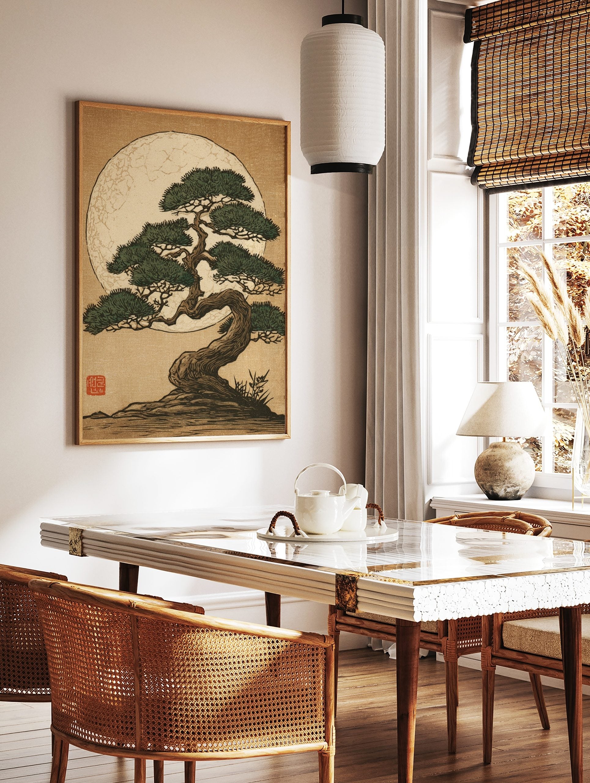 Stylised Japanese bonsai pine tree with green foliage and twisted brown trunk against a large, in a styled room mockup