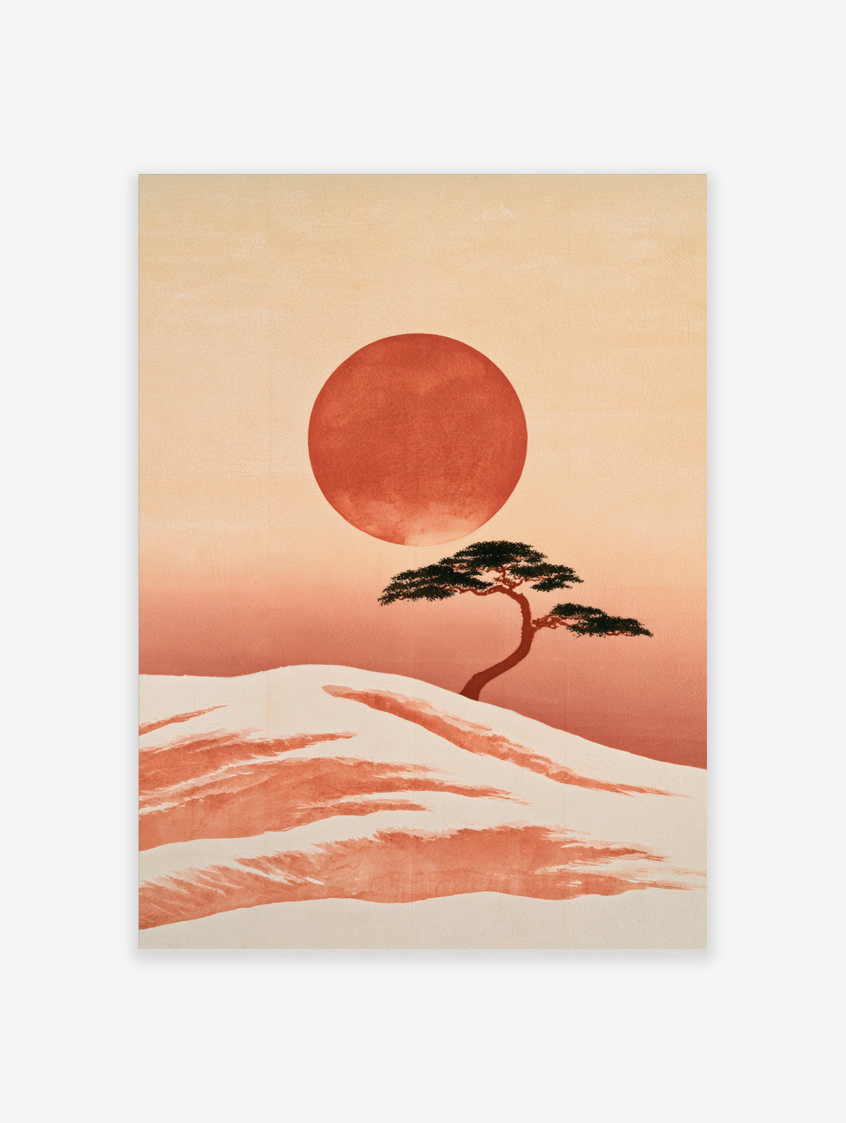Minimalist Japanese landscape print featuring a bonsai tree on a sandy dune with a large red sun on a cream background