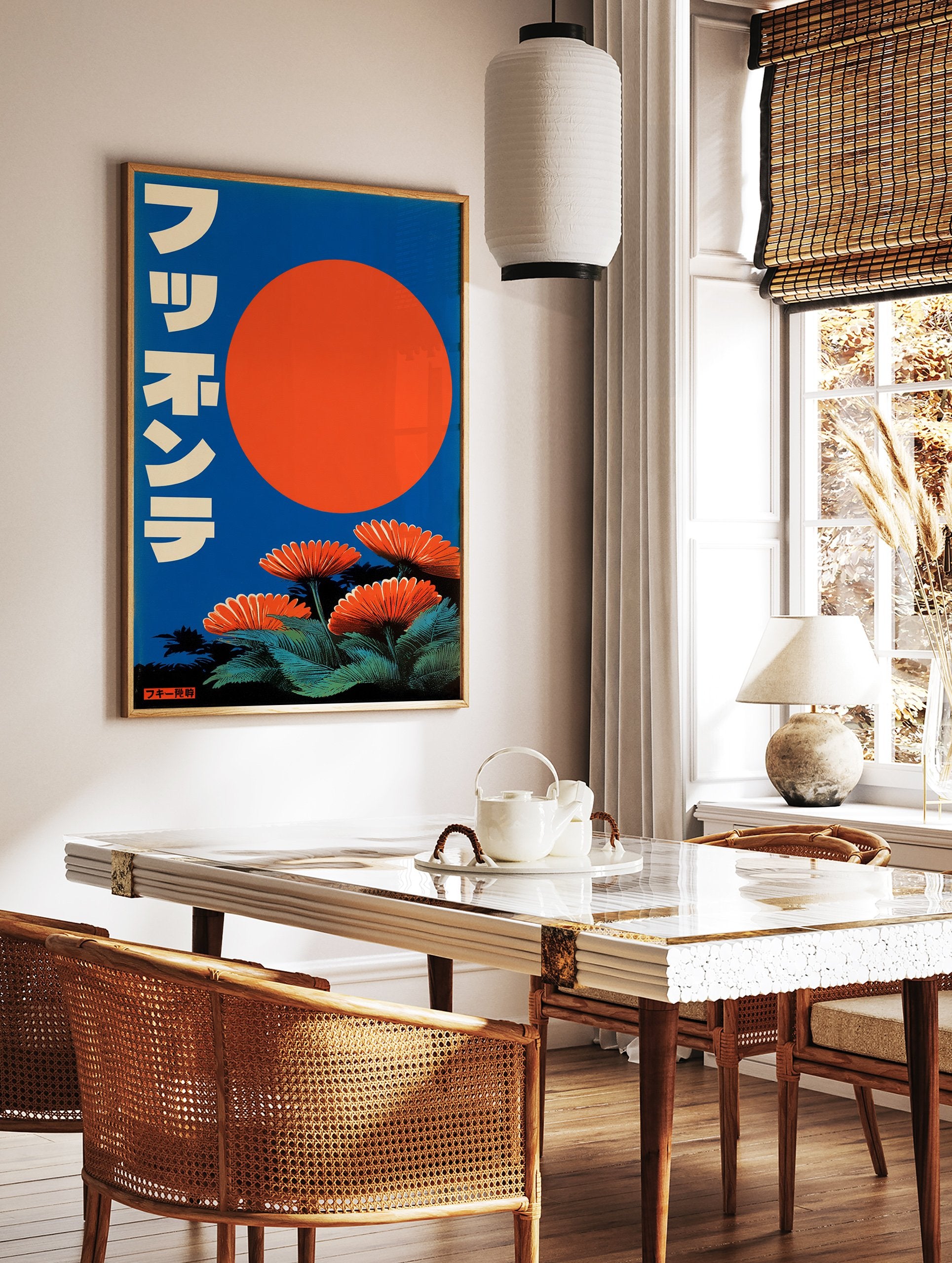 Japanese botanical poster with orange flowers and a large red-orange sun against a deep blue sky, featuring green foliage. - Image 2