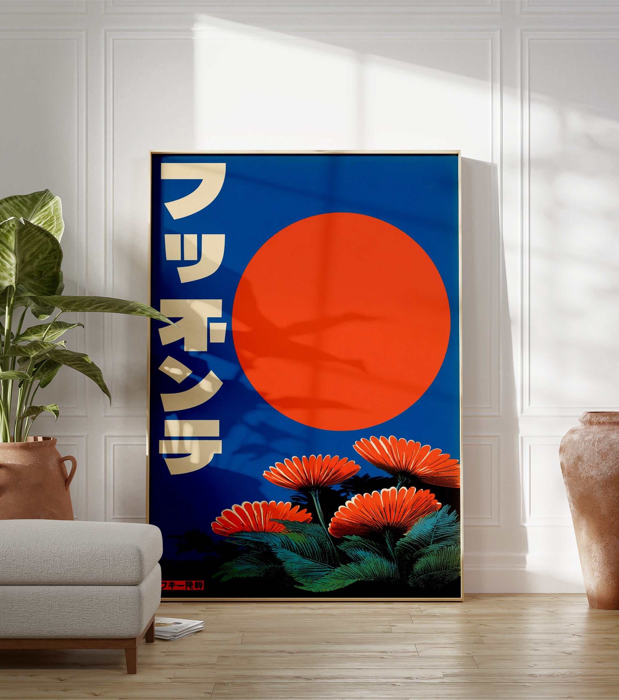 Japanese botanical poster with orange flowers and a large red-orange sun against a deep blue sky, featuring green foliage. - Image 3