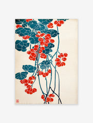Japanese botanical poster with red berries and teal leaves on a light background, in a traditional Ukiyo-e art style.