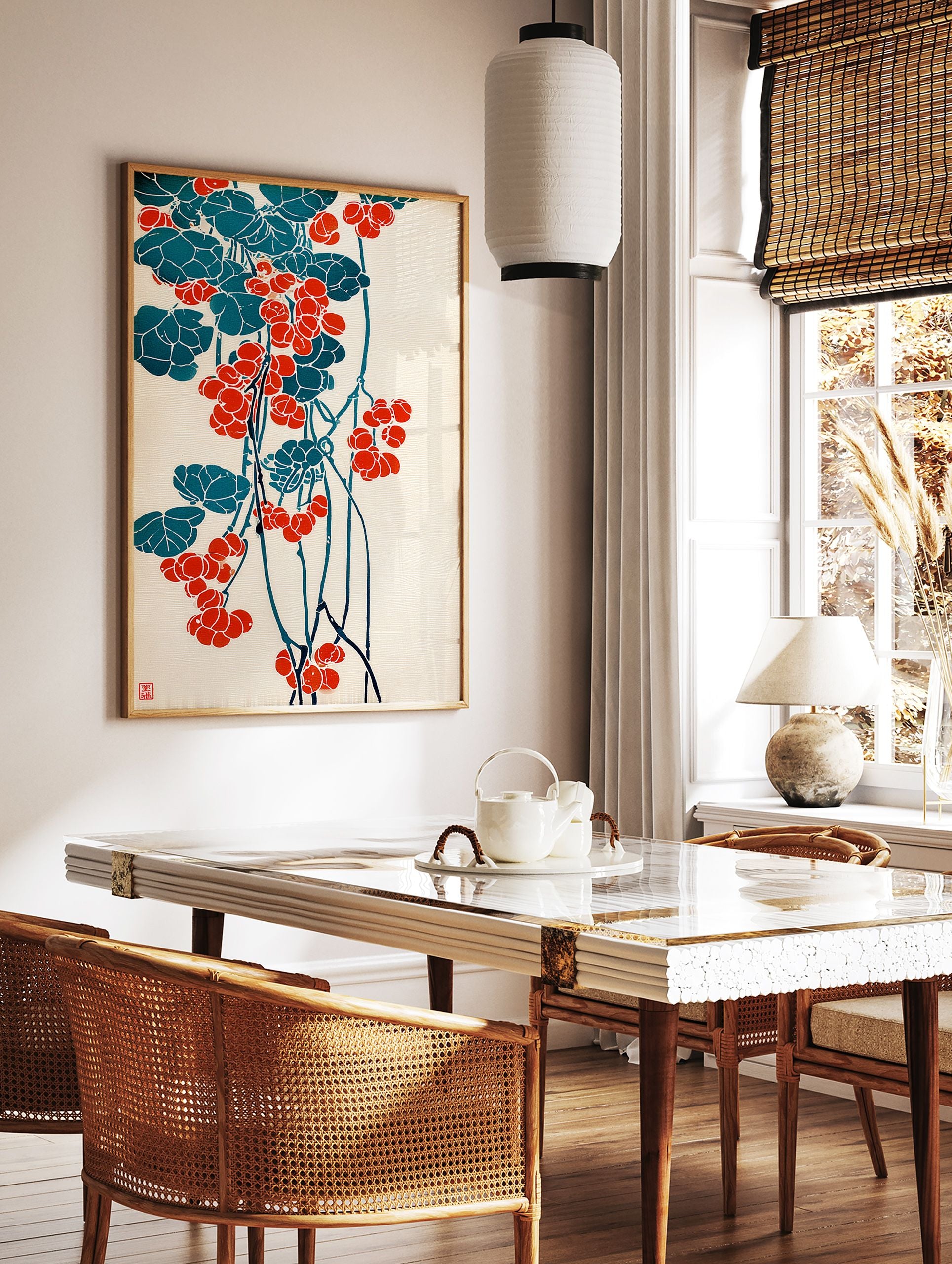 Japanese botanical poster with red berries and teal leaves on a light background, in a traditional Ukiyo-e art style. - Image 2