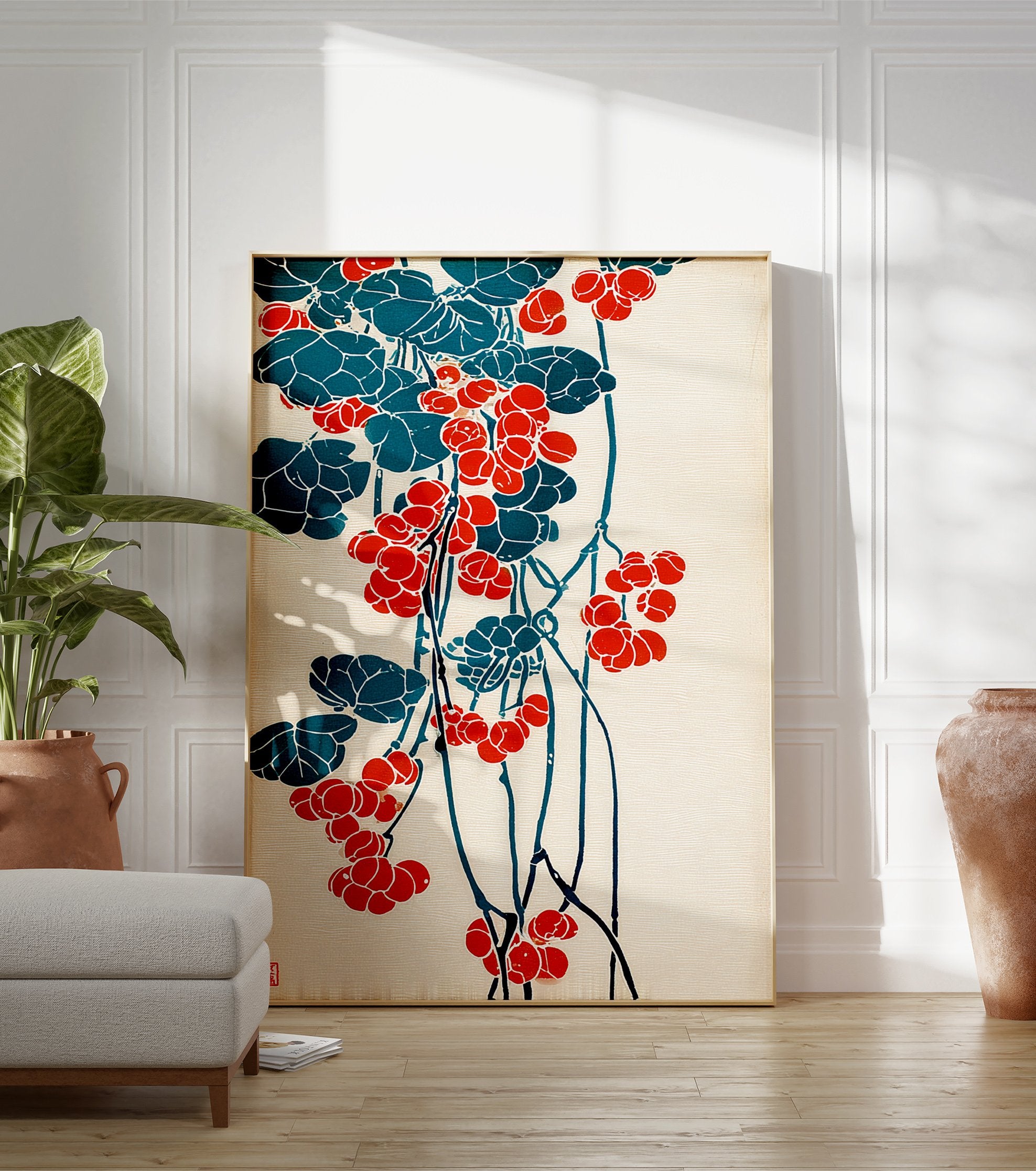 Japanese botanical poster with red berries and teal leaves on a light background, in a traditional Ukiyo-e art style. - Image 3