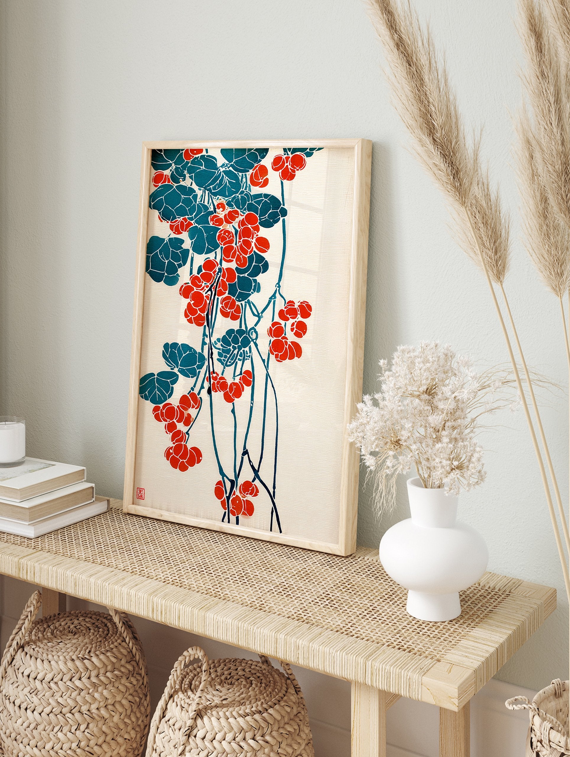 Japanese botanical poster with red berries and teal leaves on a light background, in a traditional Ukiyo-e art style. - Image 4