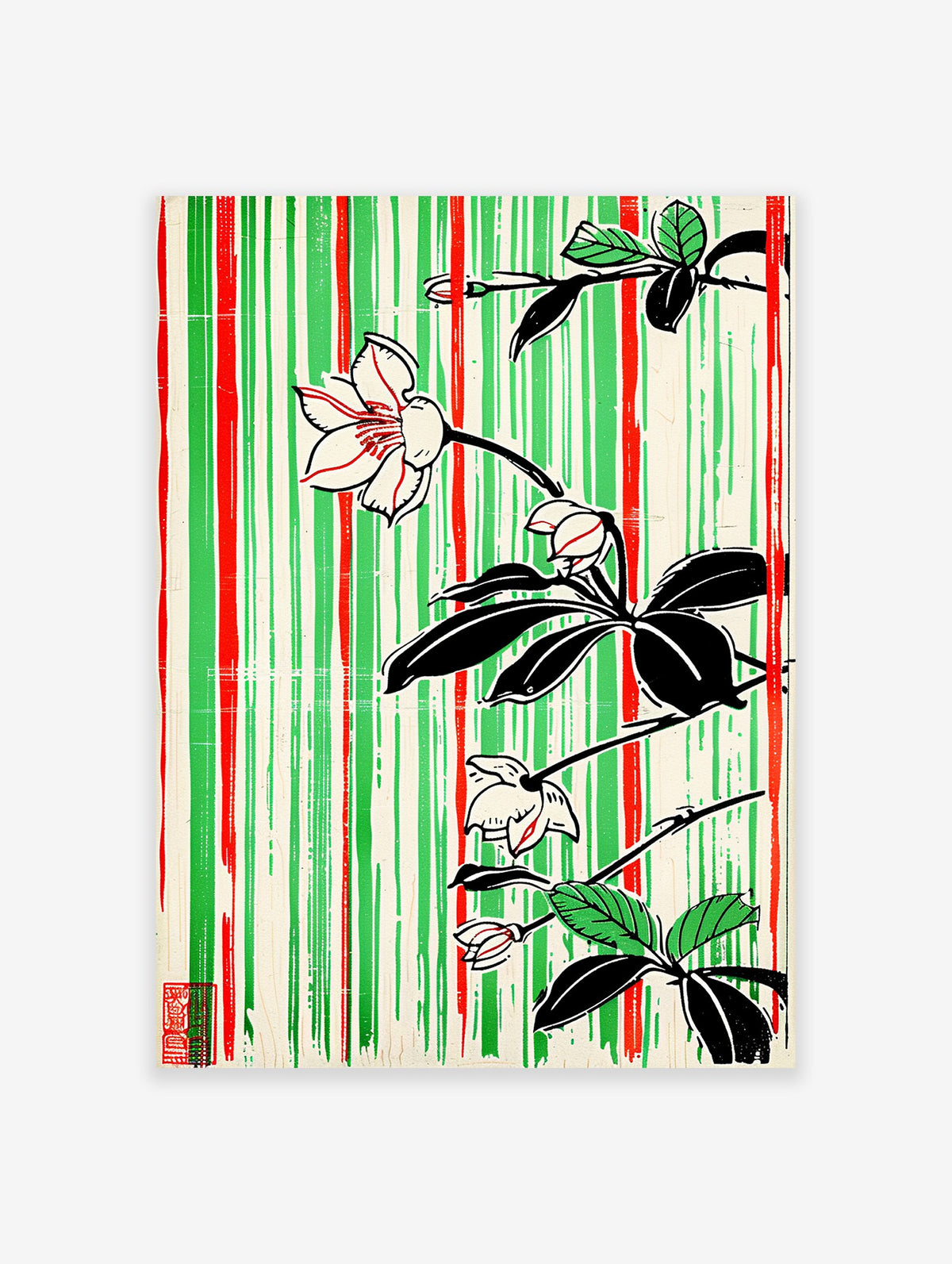 Japanese botanical poster with white flowers, black leaves, and red and green vertical stripes on a cream background, featuring a red stamp.