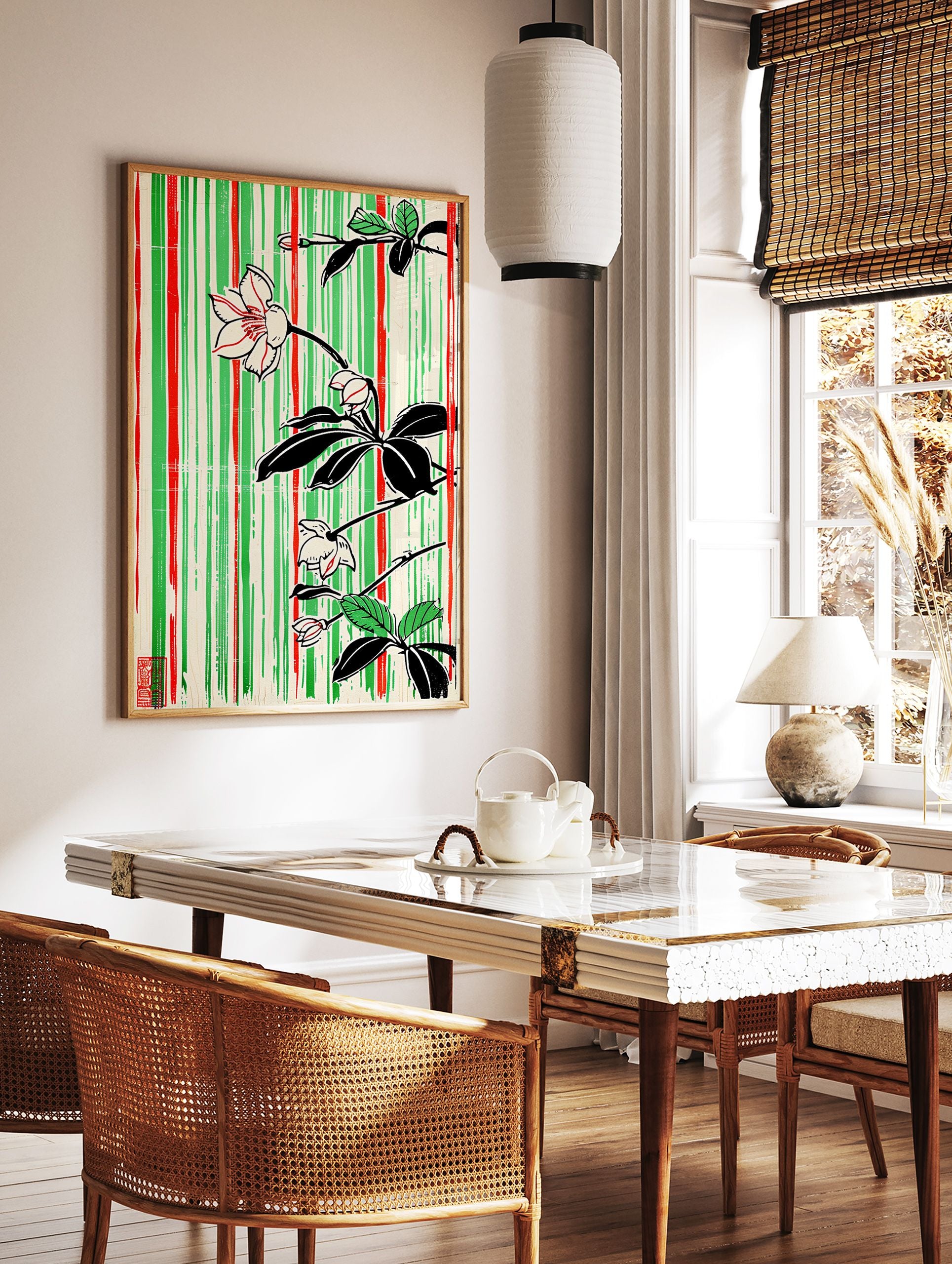 Japanese botanical poster with white flowers, black leaves, and red and green vertical stripes on a cream background, featuring a red stamp. - Image 2