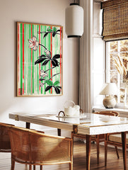 Japanese botanical poster with white flowers, black leaves, and red and green vertical stripes on a cream background, featuring a red stamp. - Image 2