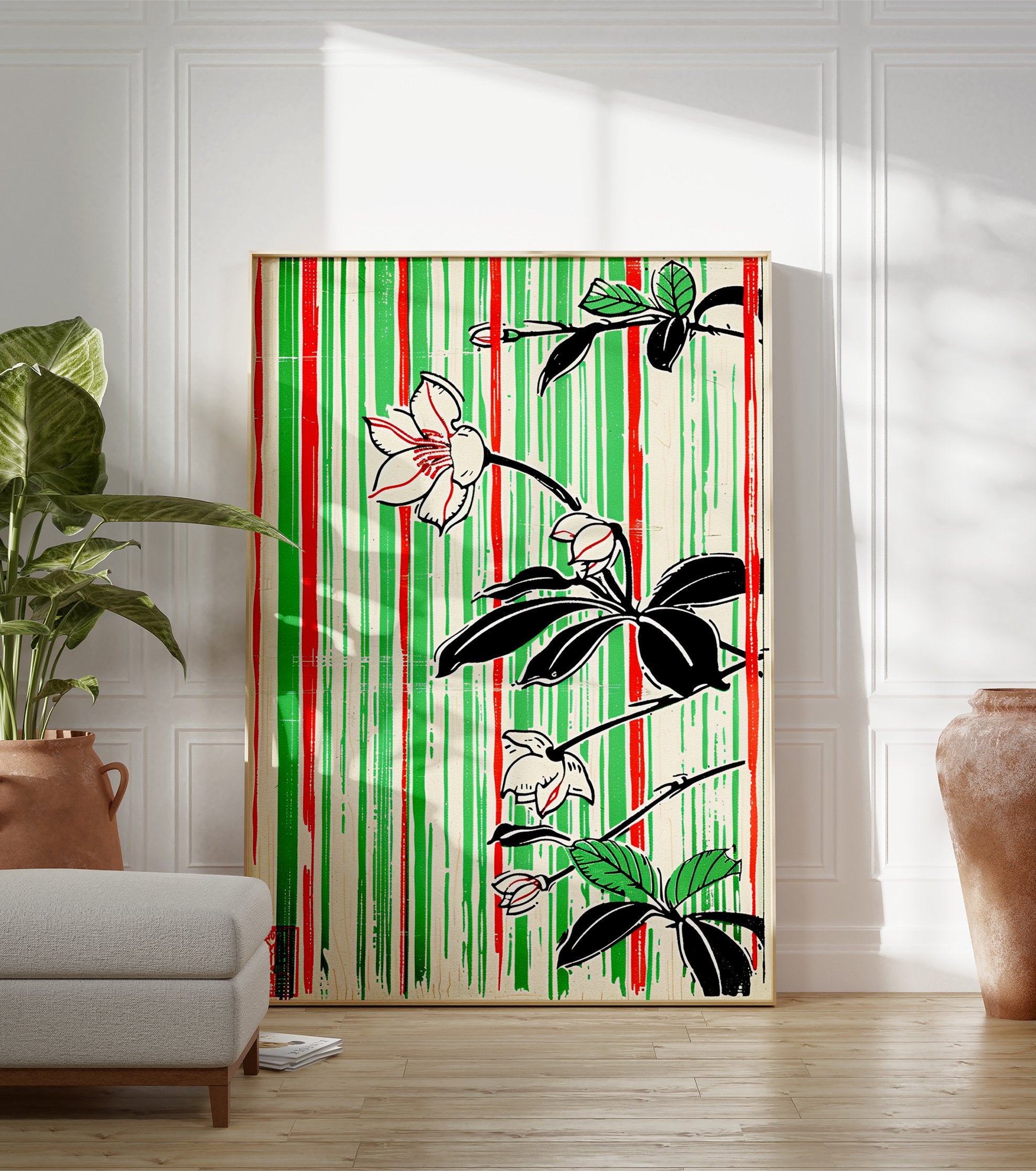 Japanese botanical poster with white flowers, black leaves, and red and green vertical stripes on a cream background, featuring a red stamp. - Image 3
