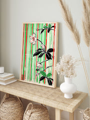 Japanese botanical poster with white flowers, black leaves, and red and green vertical stripes on a cream background, featuring a red stamp. - Image 4