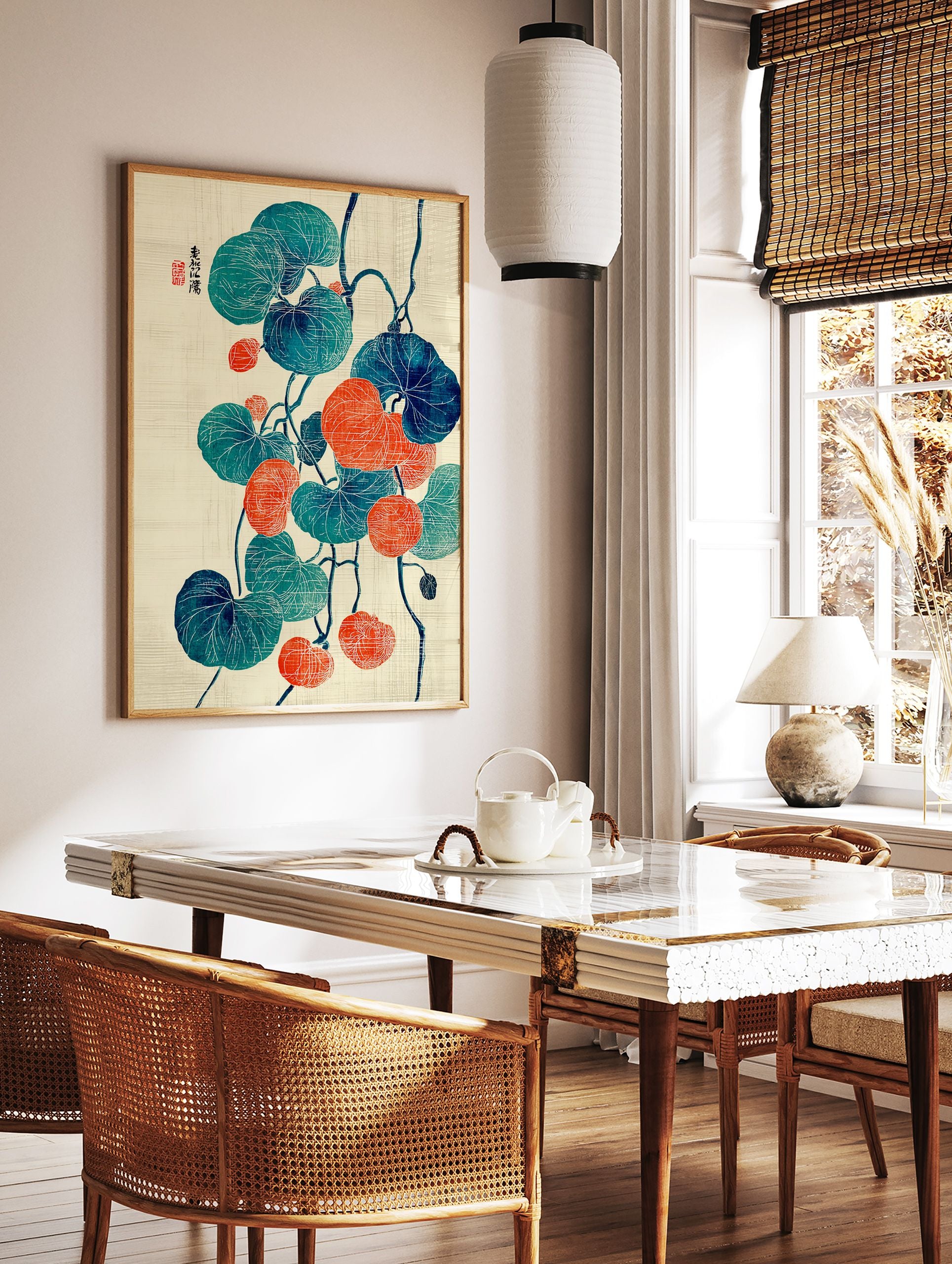 Japanese botanical poster with teal and orange round leaves on dark vines, featuring white line details and Japanese calligraphy. - Image 2