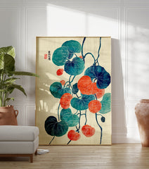 Japanese botanical poster with teal and orange round leaves on dark vines, featuring white line details and Japanese calligraphy. - Image 3