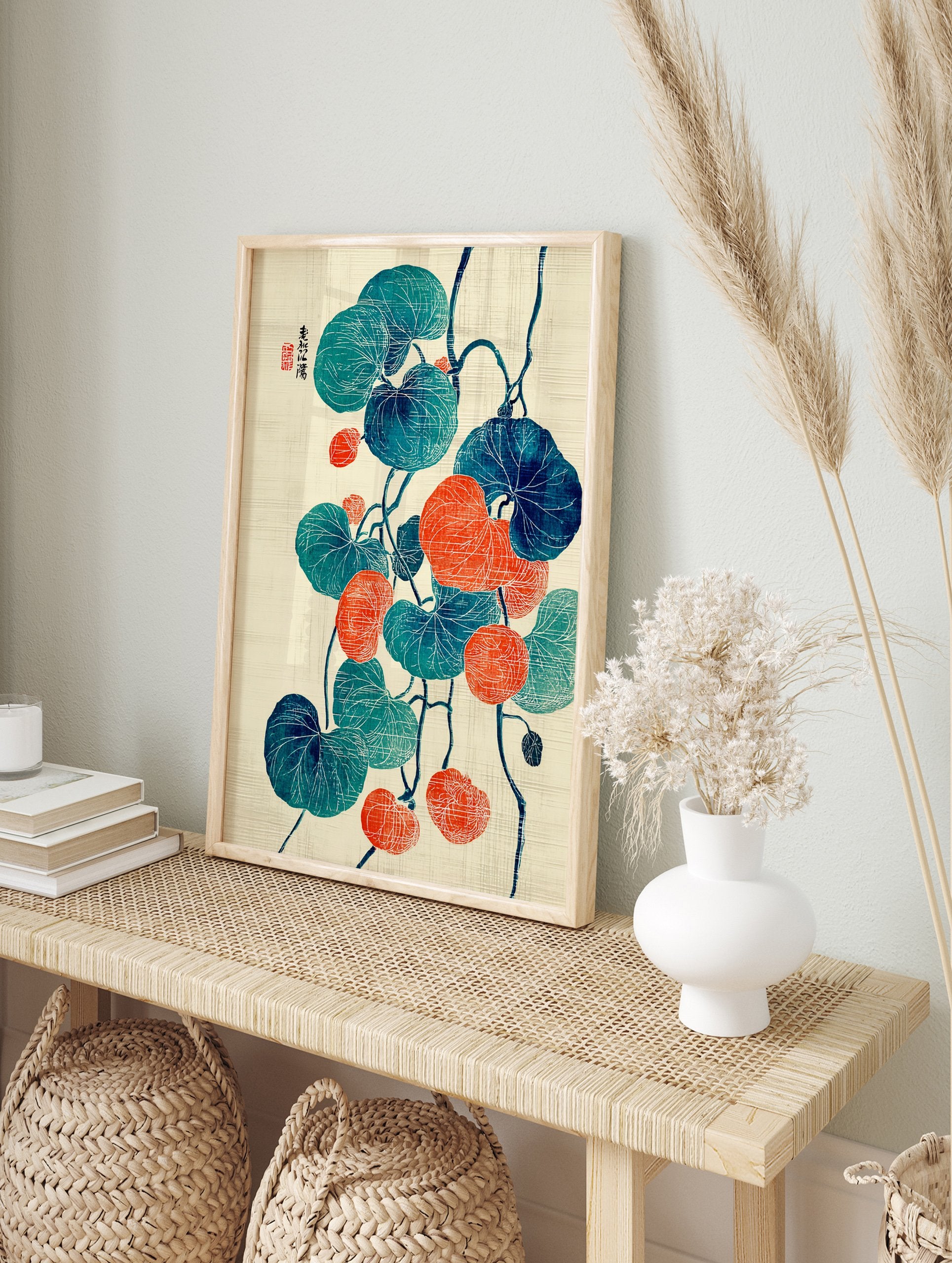 Japanese botanical poster with teal and orange round leaves on dark vines, featuring white line details and Japanese calligraphy. - Image 4