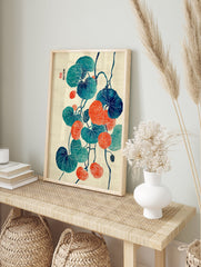 Japanese botanical poster with teal and orange round leaves on dark vines, featuring white line details and Japanese calligraphy. - Image 4