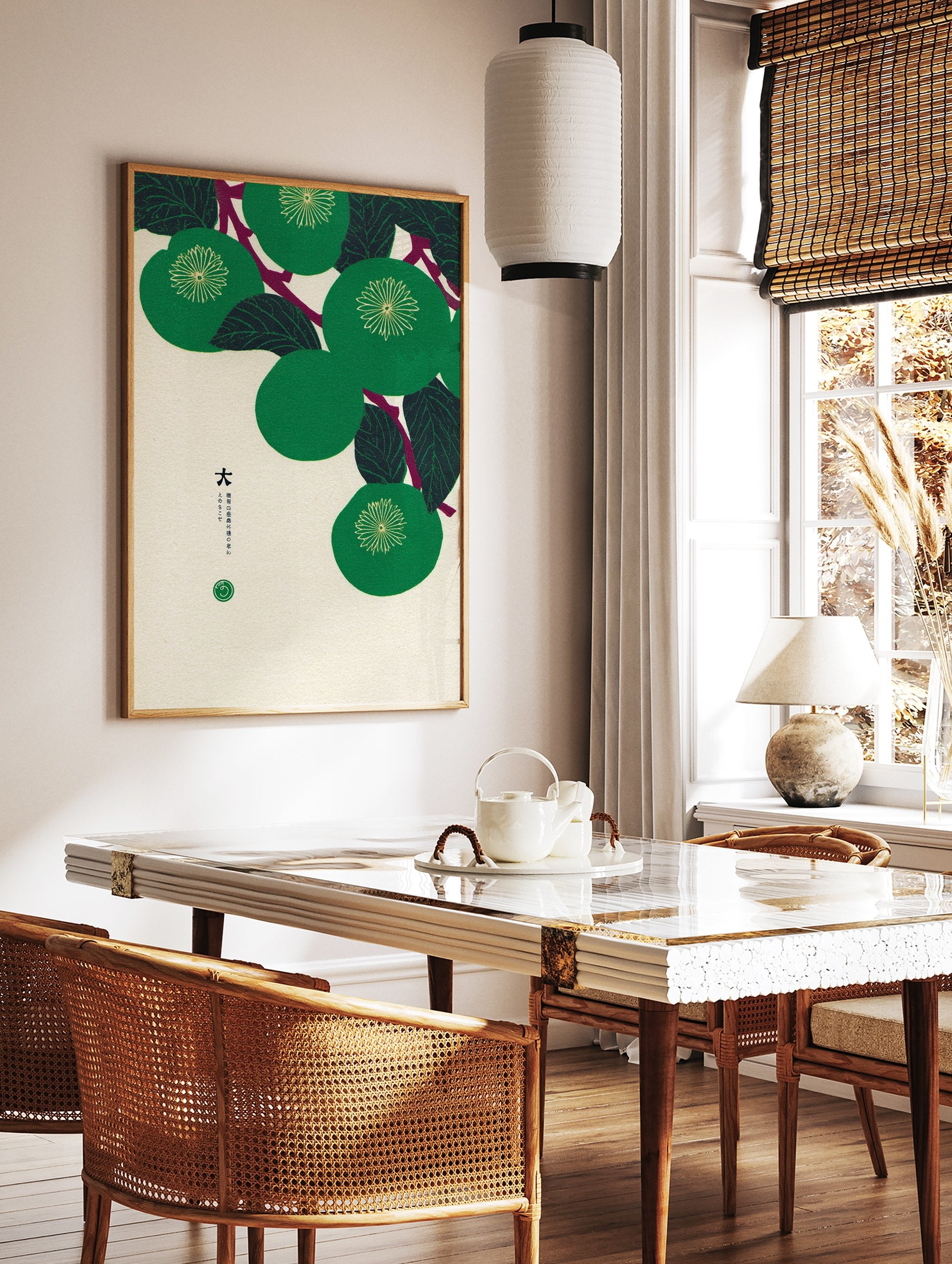 Japanese botanical print featuring green fruit and leaves on branches with Japanese text on a cream background. - Image 3