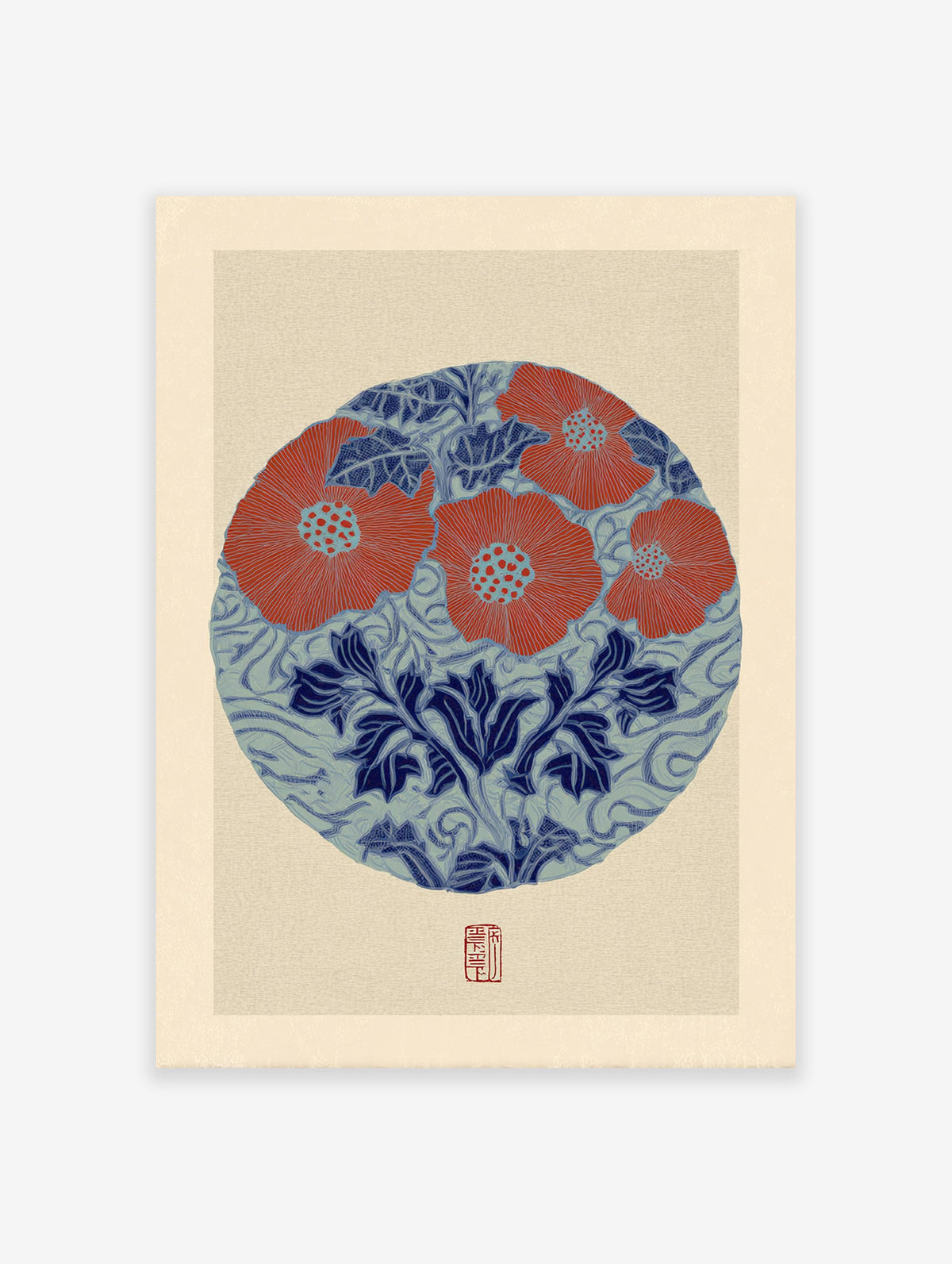 Japanese botanical print with red flowers and blue leaves in a circular design on a textured beige background.