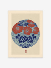 Japanese botanical print with red flowers and blue leaves in a circular design on a textured beige background.