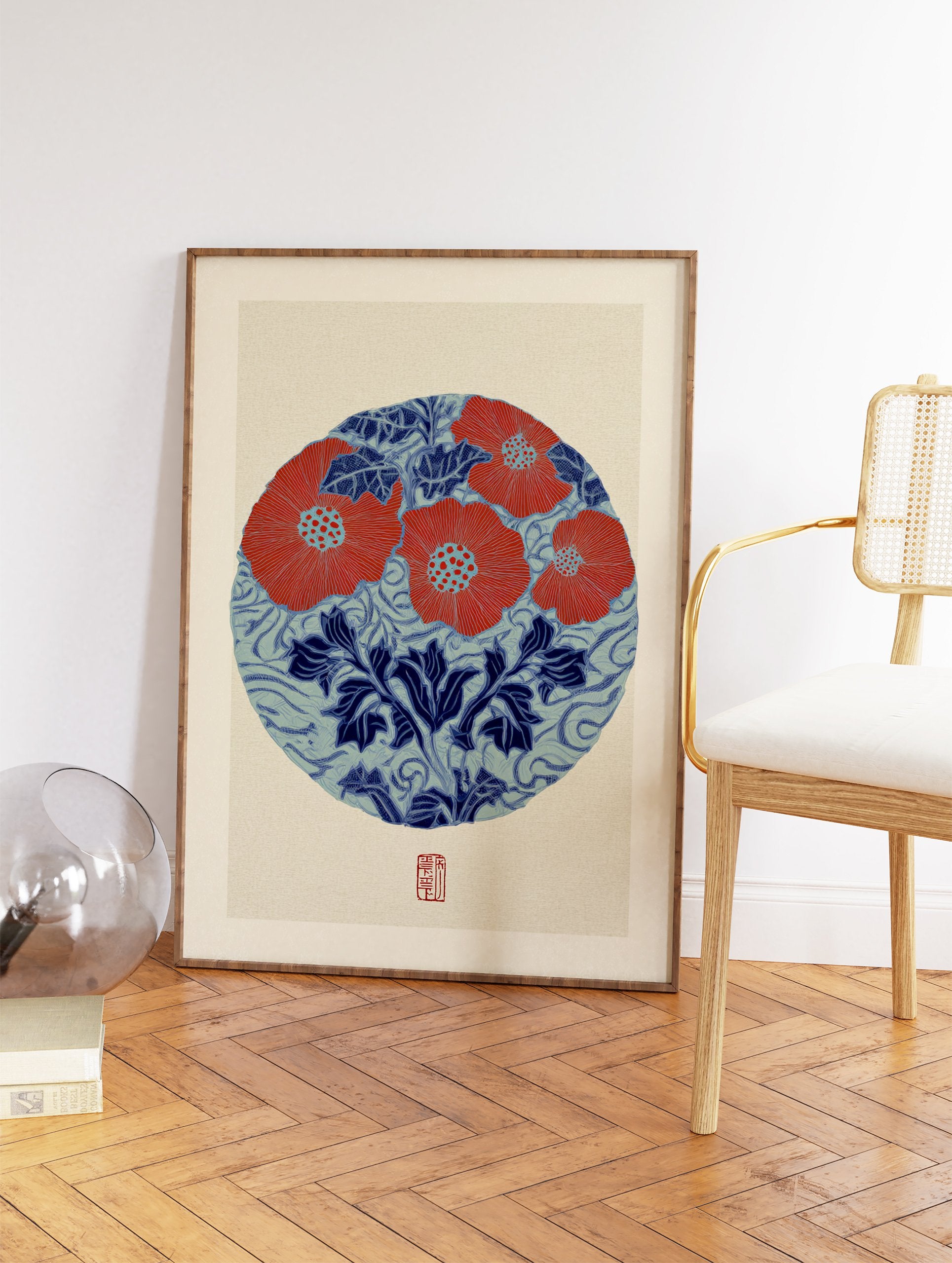 Japanese botanical print with red flowers and blue leaves in a circular design on a textured beige background. - Image 2