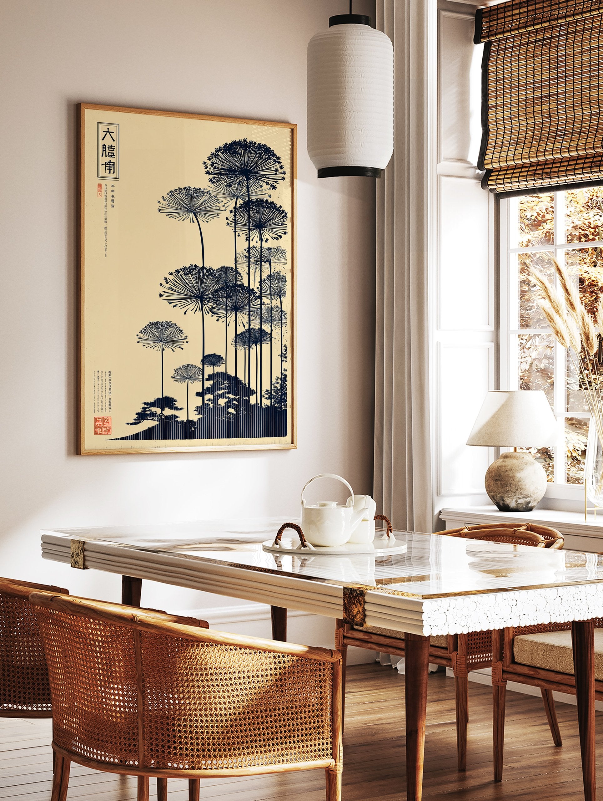 Japanese botanical wall art print with black silhouette umbrella flowers and pine trees on a cream background. - Image 2
