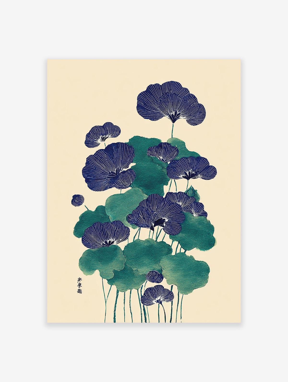 Japanese botanical wall art print featuring blue fan-shaped flowers and green leaves on a cream background, Ukiyo-e style.