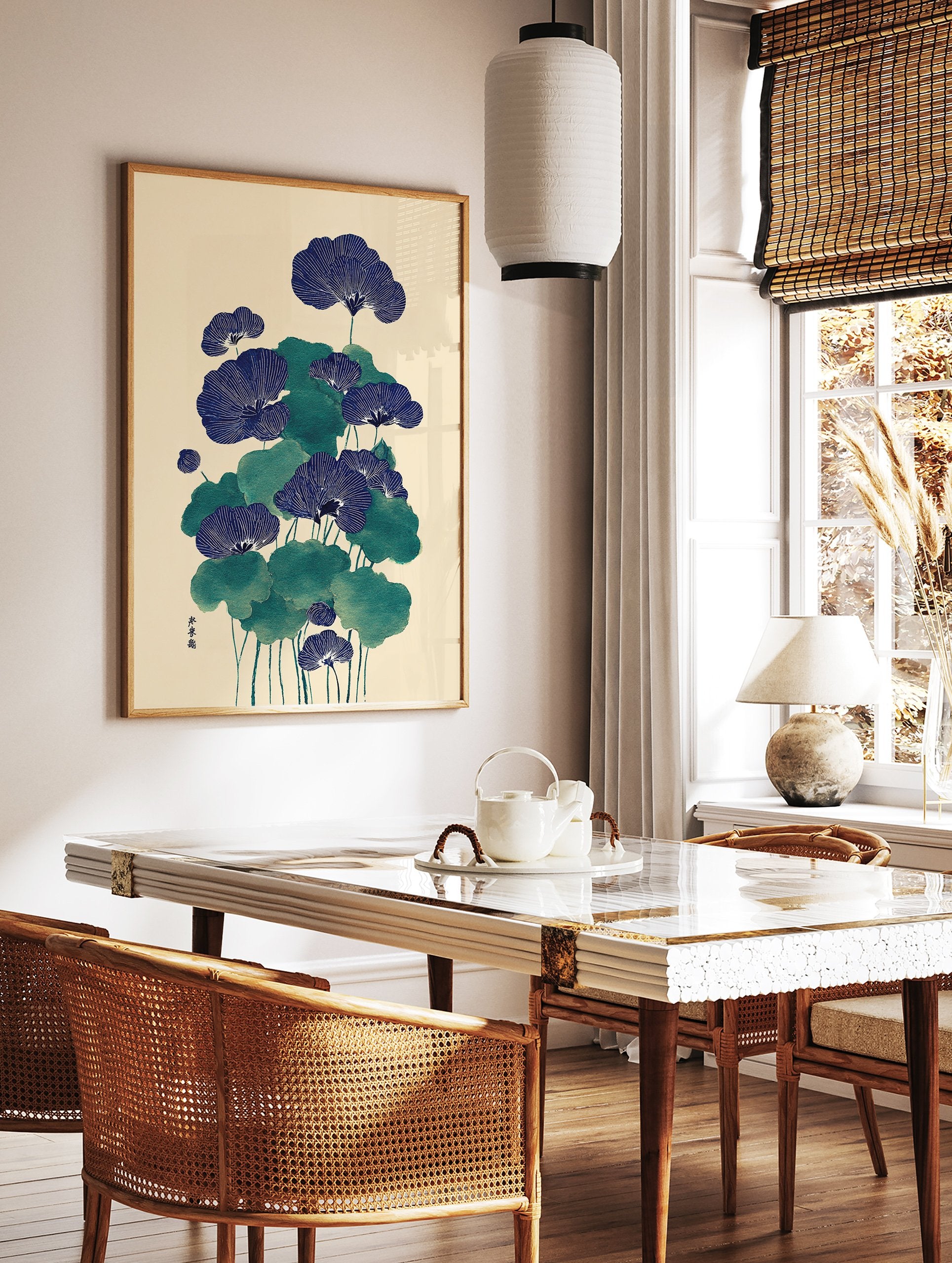 Japanese botanical wall art print featuring blue fan-shaped flowers and green leaves on a cream background, Ukiyo-e style. - Image 2