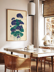 Japanese botanical wall art print featuring blue fan-shaped flowers and green leaves on a cream background, Ukiyo-e style. - Image 2