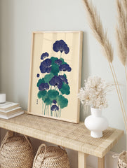 Japanese botanical wall art print featuring blue fan-shaped flowers and green leaves on a cream background, Ukiyo-e style. - Image 3