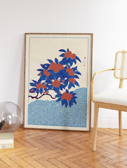 Japanese botanical illustration art print with blue leaves, orange berries, and a blue wave pattern on a cream background. - Image 2