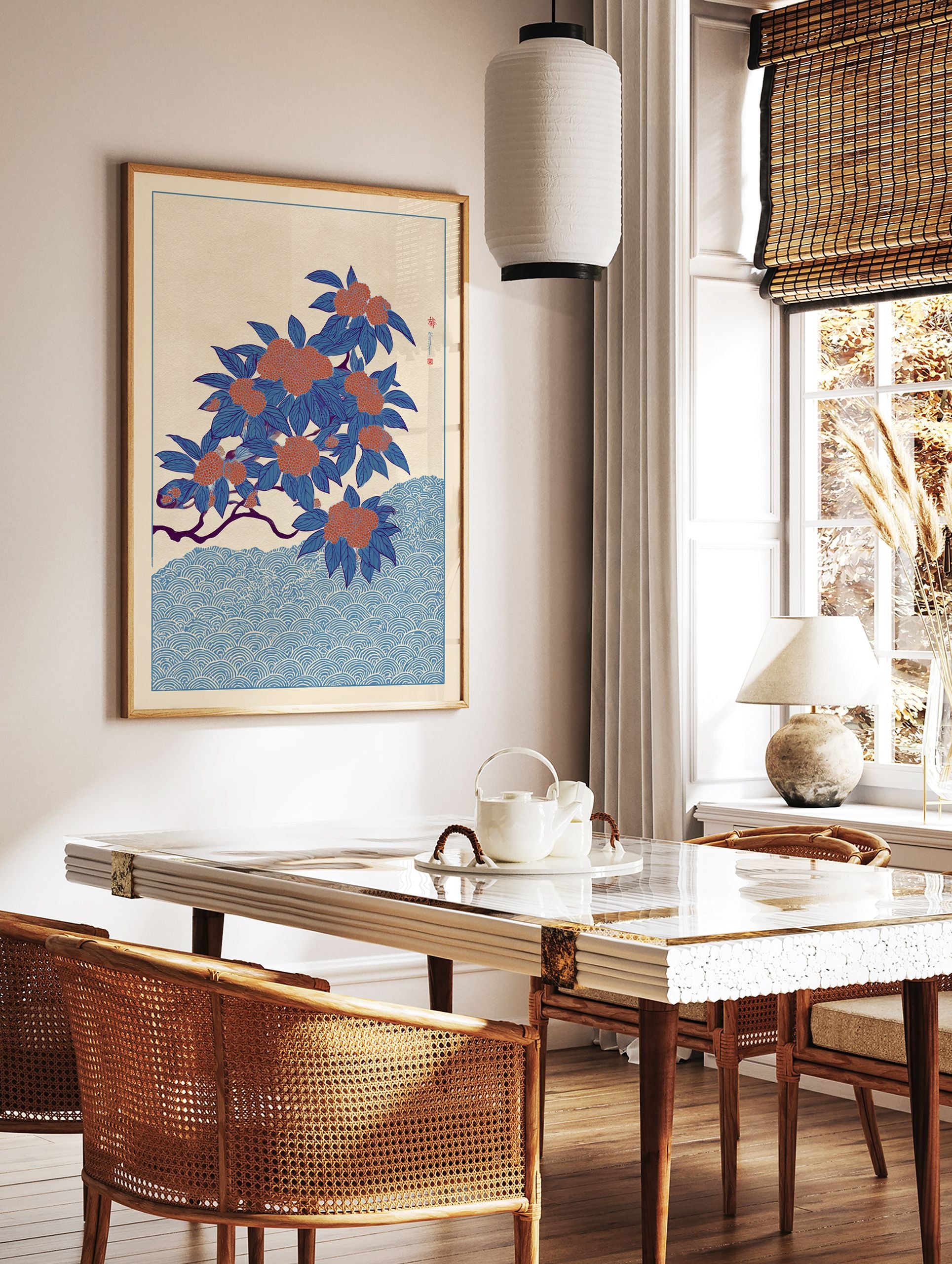 Japanese botanical illustration art print with blue leaves, orange berries, and a blue wave pattern on a cream background. - Image 3