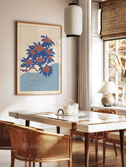 Japanese botanical illustration art print with blue leaves, orange berries, and a blue wave pattern on a cream background. - Image 3
