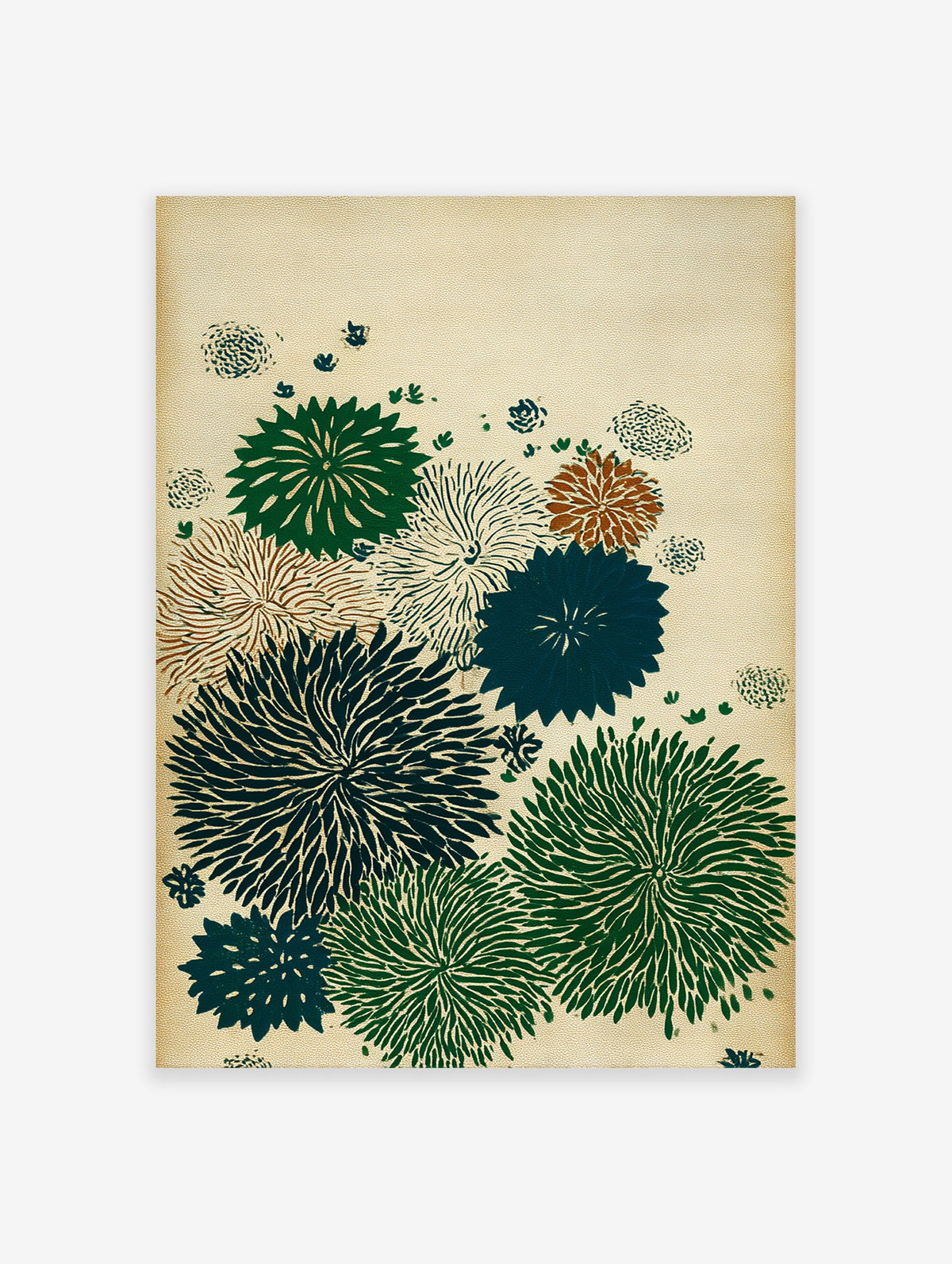 Japanese botanical wall art print with multi-color chrysanthemum flowers in green, teal, and brown on a textured cream background.