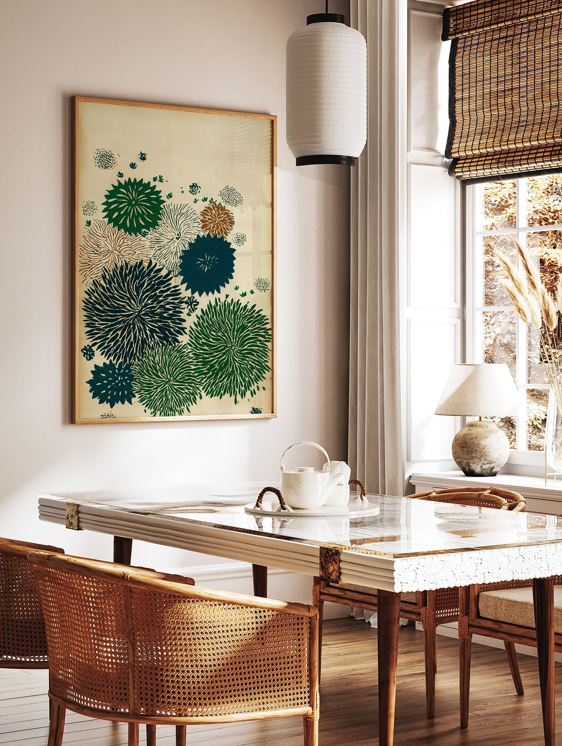 Japanese botanical wall art print with multi-color chrysanthemum flowers in green, teal, and brown on a textured cream background. - Image 2