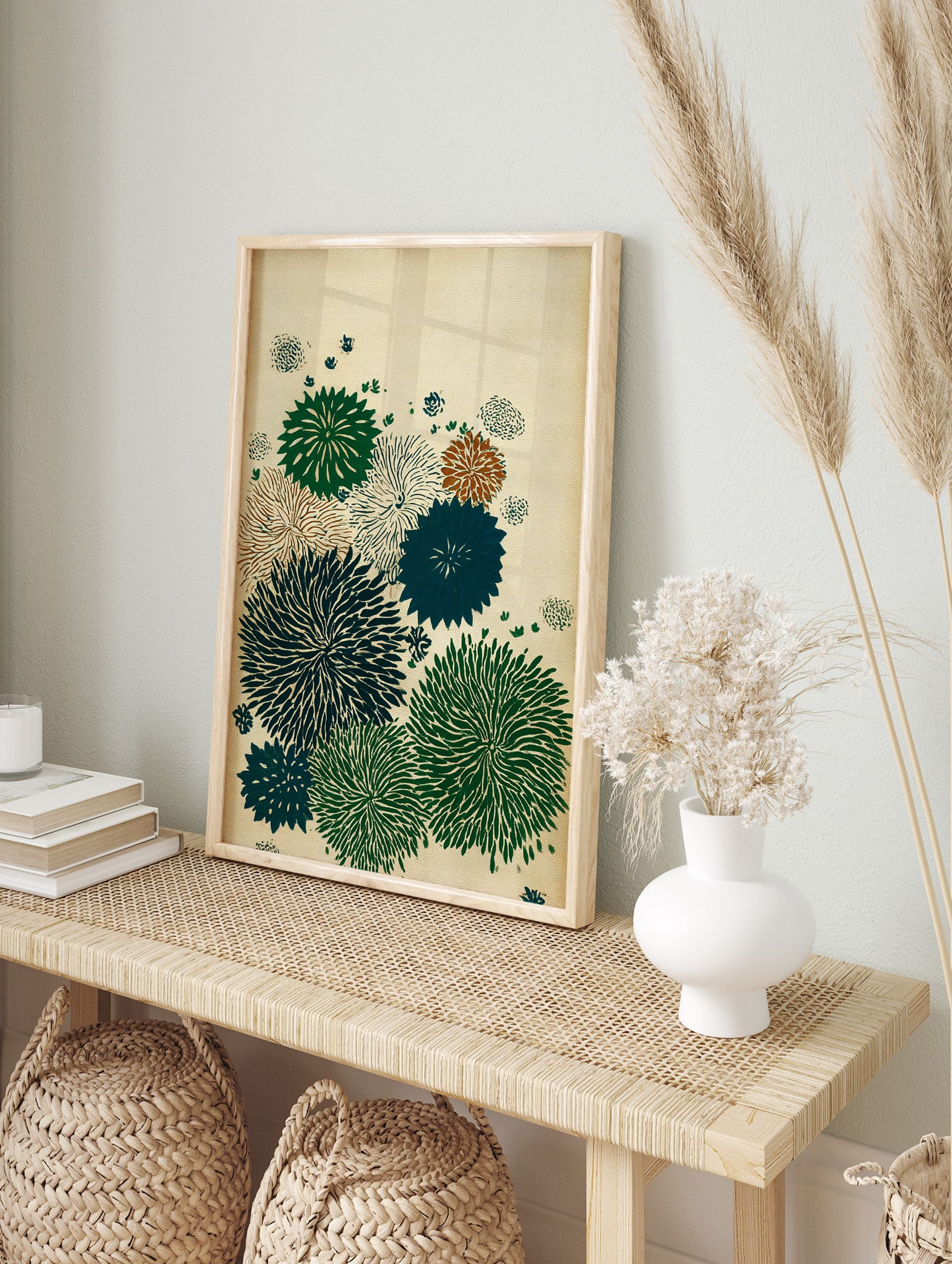 Japanese botanical wall art print with multi-color chrysanthemum flowers in green, teal, and brown on a textured cream background. - Image 3