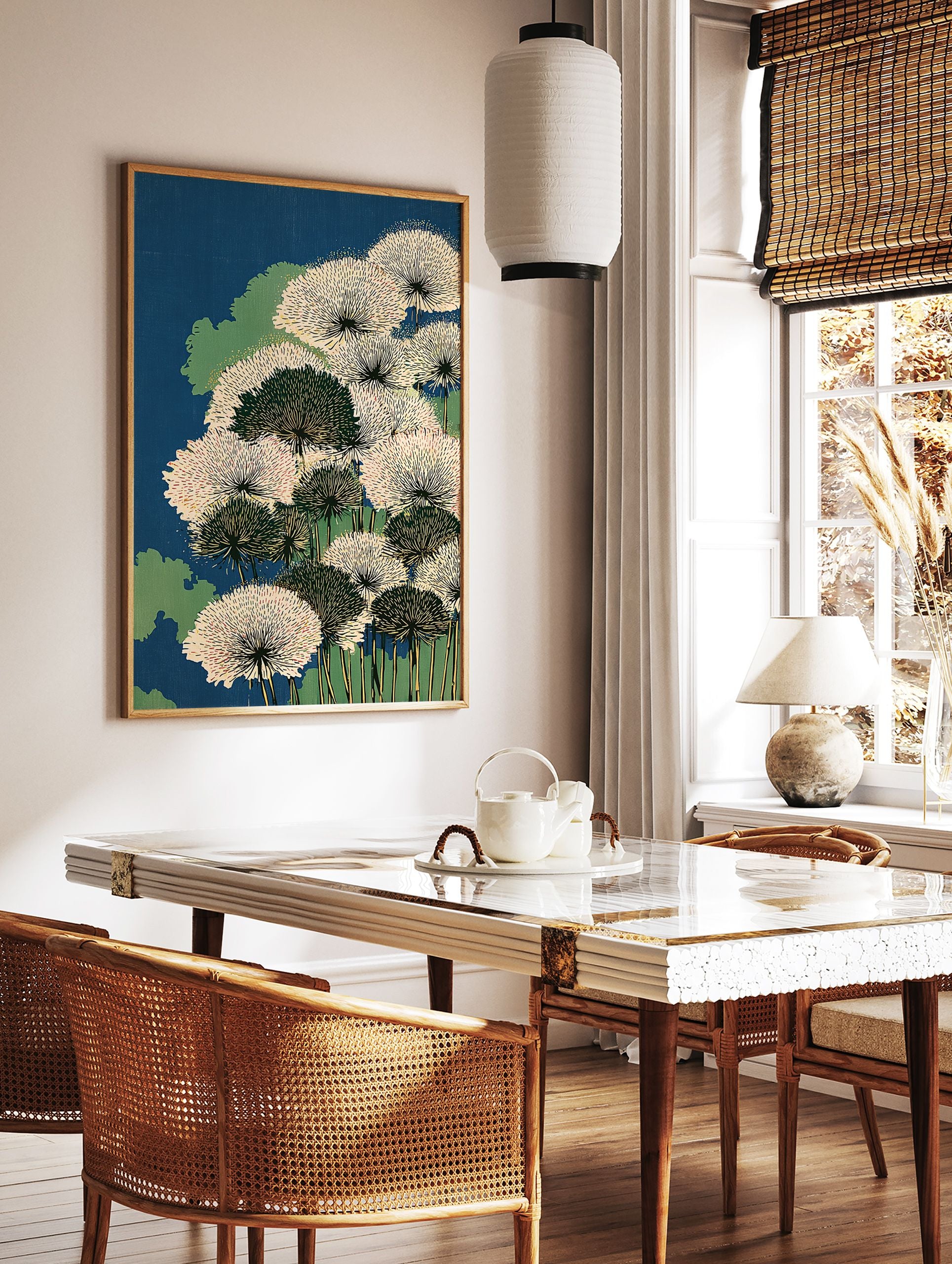 Japanese woodblock style botanical print featuring white and dark green dandelion-like flowers against a deep blue background. - Image 2