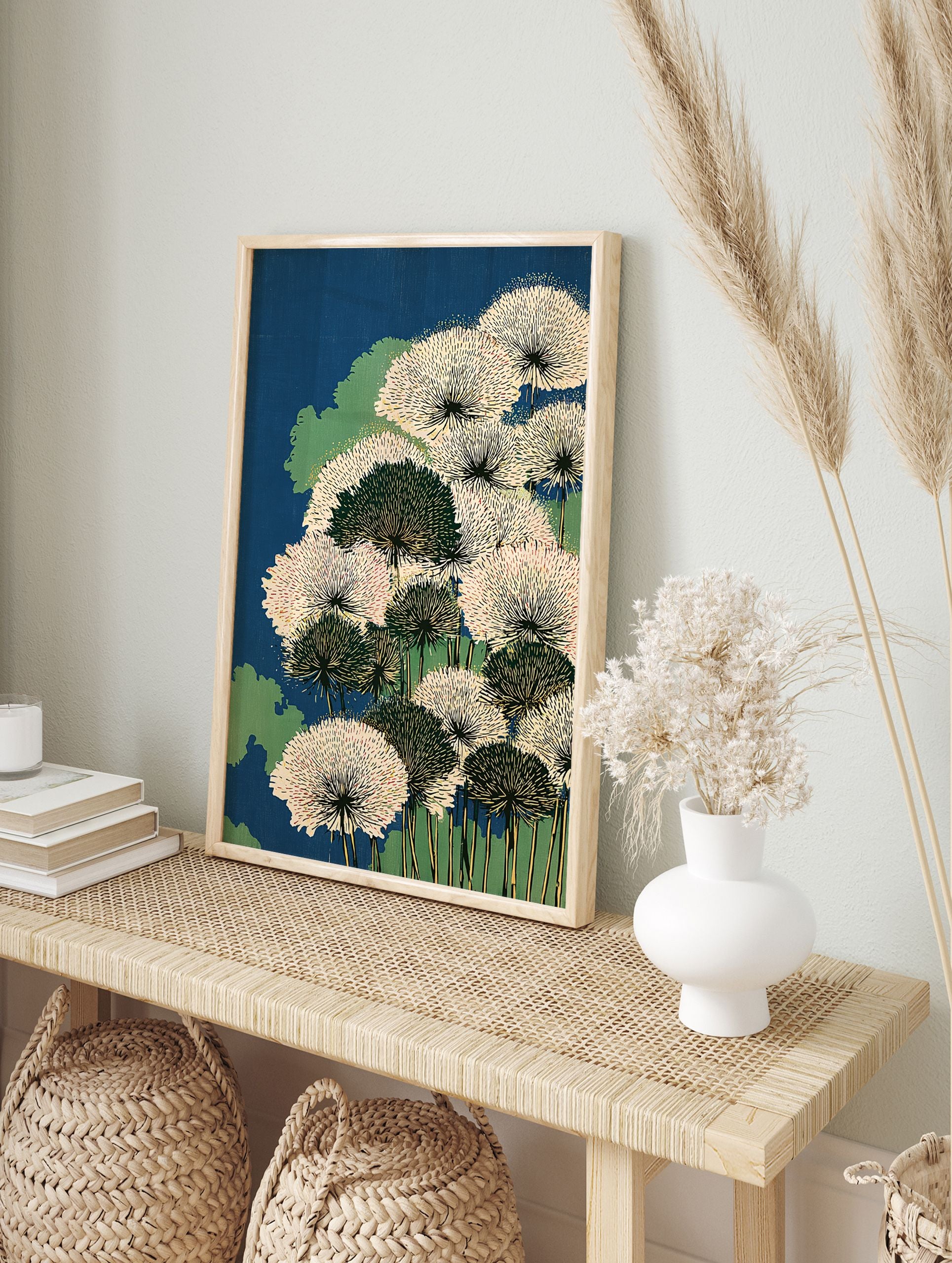Japanese woodblock style botanical print featuring white and dark green dandelion-like flowers against a deep blue background. - Image 3