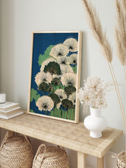 Japanese woodblock style botanical print featuring white and dark green dandelion-like flowers against a deep blue background. - Image 3