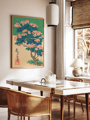 Japanese botanical wall art print of a flowering tree with pink blossoms, green leaves, and calligraphy on a beige & green background. - Image 2