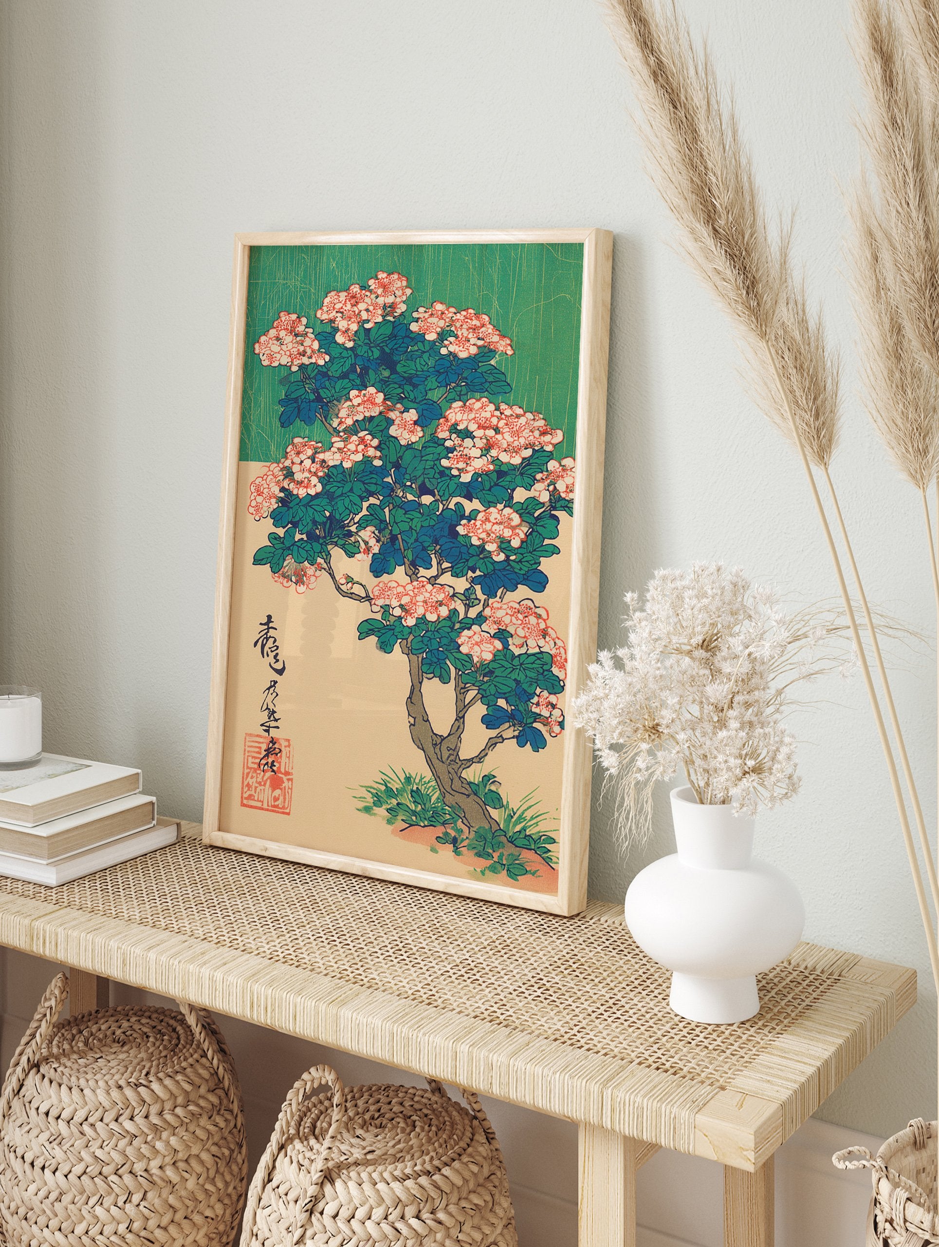 Japanese botanical wall art print of a flowering tree with pink blossoms, green leaves, and calligraphy on a beige & green background. - Image 3