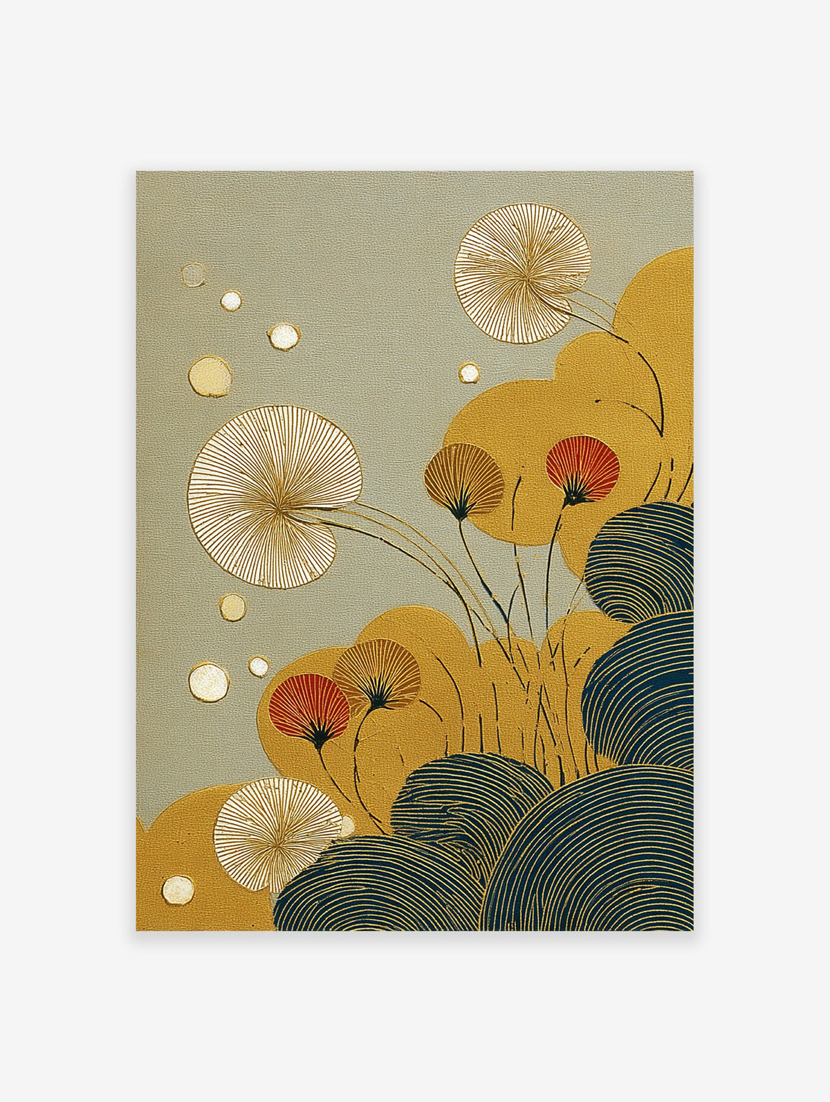 Japanese botanical wall art print with gold ginkgo leaves, red flowers, and blue wave patterns on a textured sage background.