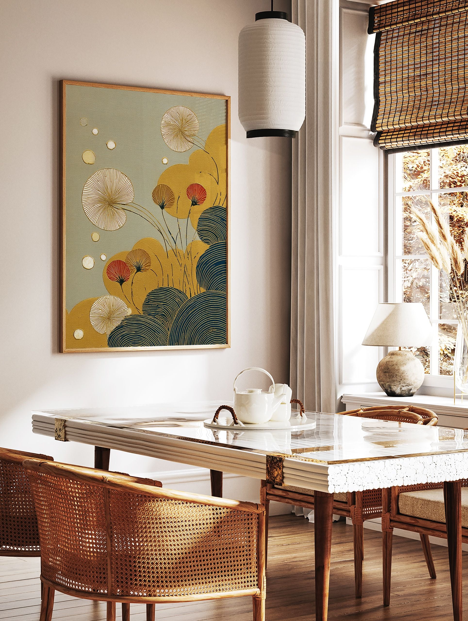 Japanese botanical wall art print with gold ginkgo leaves, red flowers, and blue wave patterns on a textured sage background. - Image 2